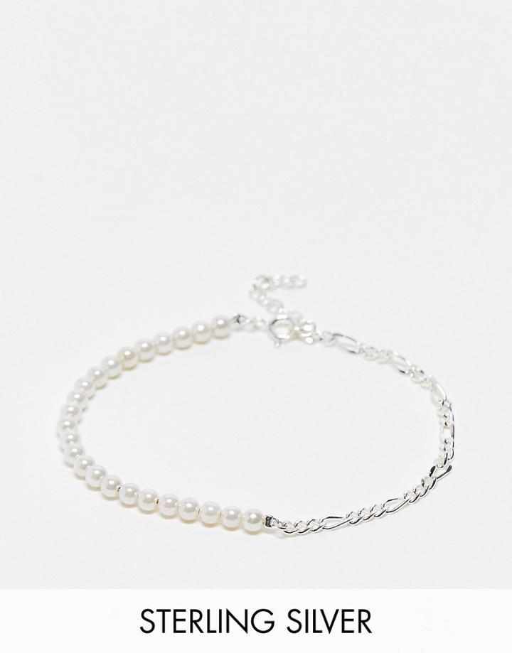 Asos Design Sterling Silver Half Silver Chain Half Faux Pearl Bracelet