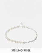 Asos Design Sterling Silver Half Silver Chain Half Faux Pearl Bracelet