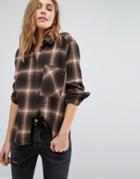 Pull & Bear Long Sleeve Check Shirt - Brown