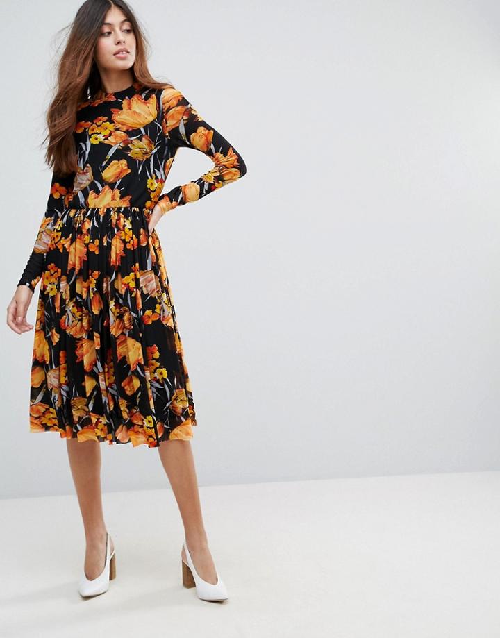 Y.a.s Floral Mesh Midi Dress - Multi