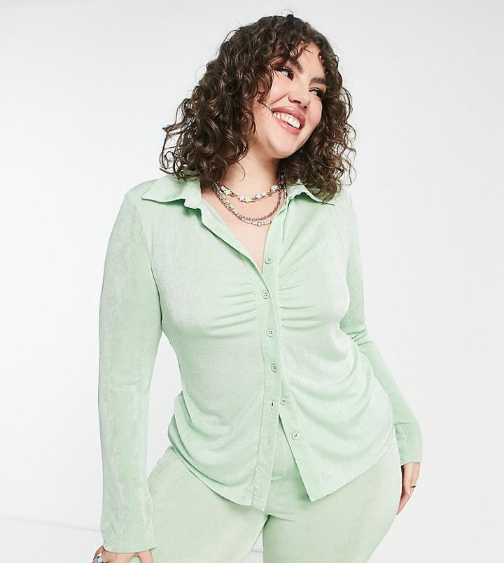 Daisy Street Plus Slinky 90s Ruched Front Fitted Shirt In Mint - Part Of A Set-green