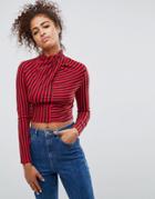 Asos Crop Top With High Neck And Wrap Front In Stripe - Multi