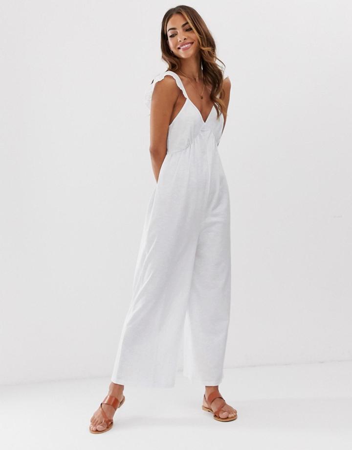 Asos Design Broderie Frill Linen Look Jumpsuit - White