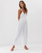 Asos Design Broderie Frill Linen Look Jumpsuit - White