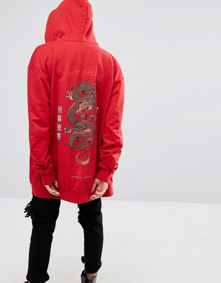 Criminal Damage Oversized Zip Up Hoodie With Dragon Back Print - Orange