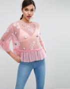 Asos Mesh Tee With Floral Embellishment - Pink