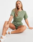 Asos Design Jersey Tee Beach Romper In Khaki-green