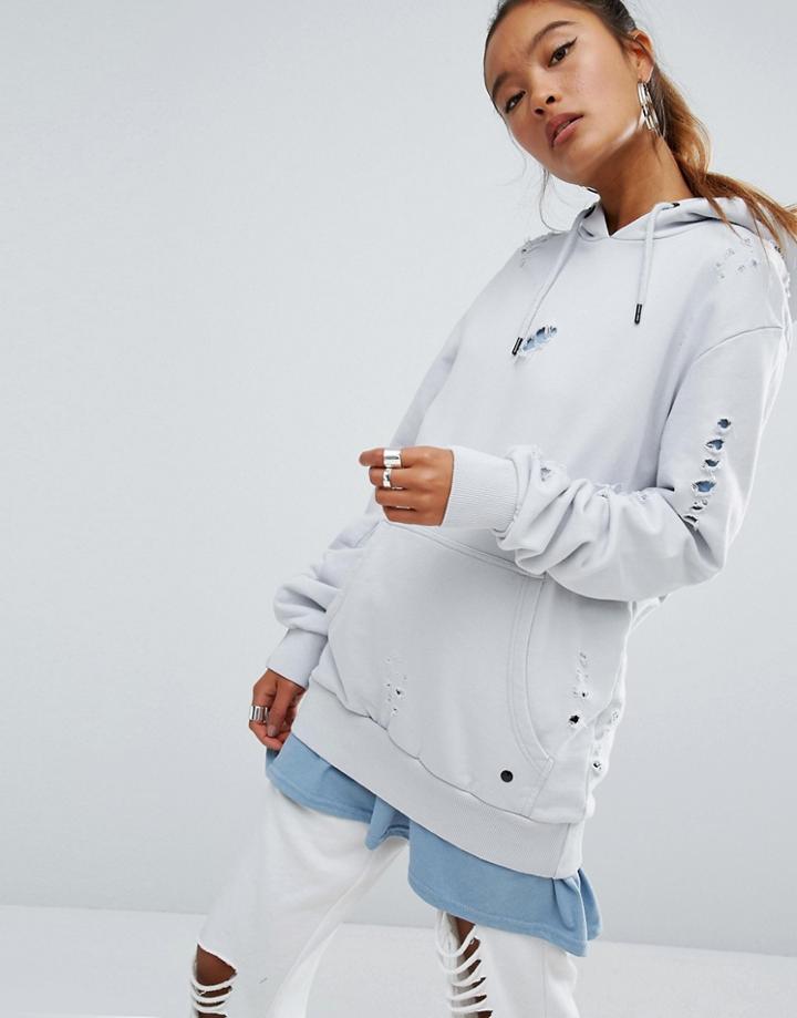 Criminal Damage Oversized Distressed Hoodie With Logo - Gray