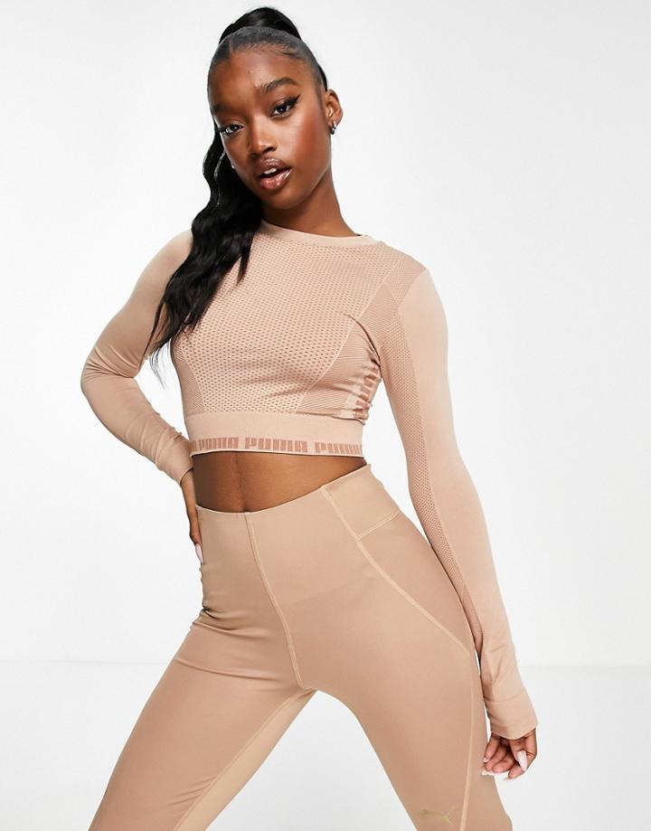 Puma Training Evoknit Seamless Long Sleeve Crop Top In Mocha-brown