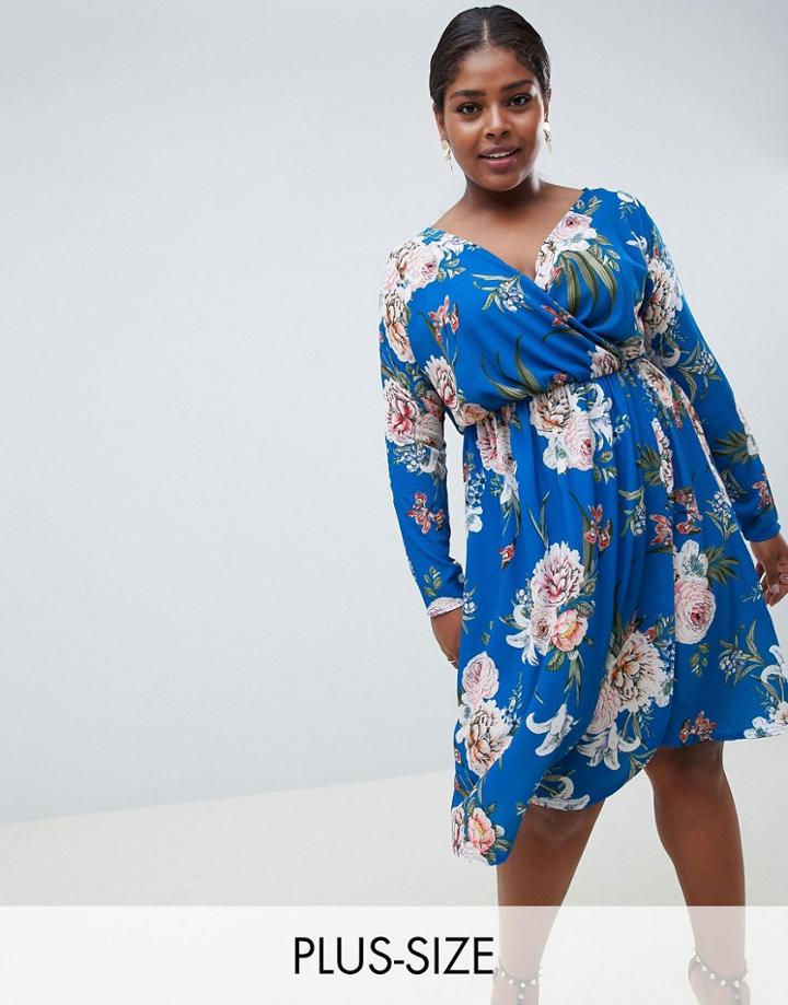 Missguided Plus Wrap Midi Dress In Blue Floral - Blue