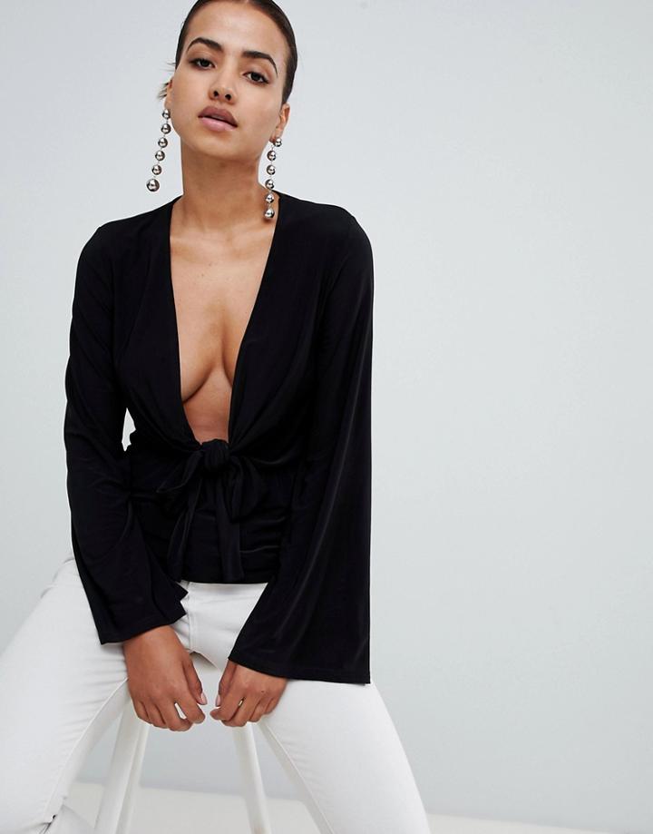 Club L Long Sleeve Tie Front Plunge Top - Black