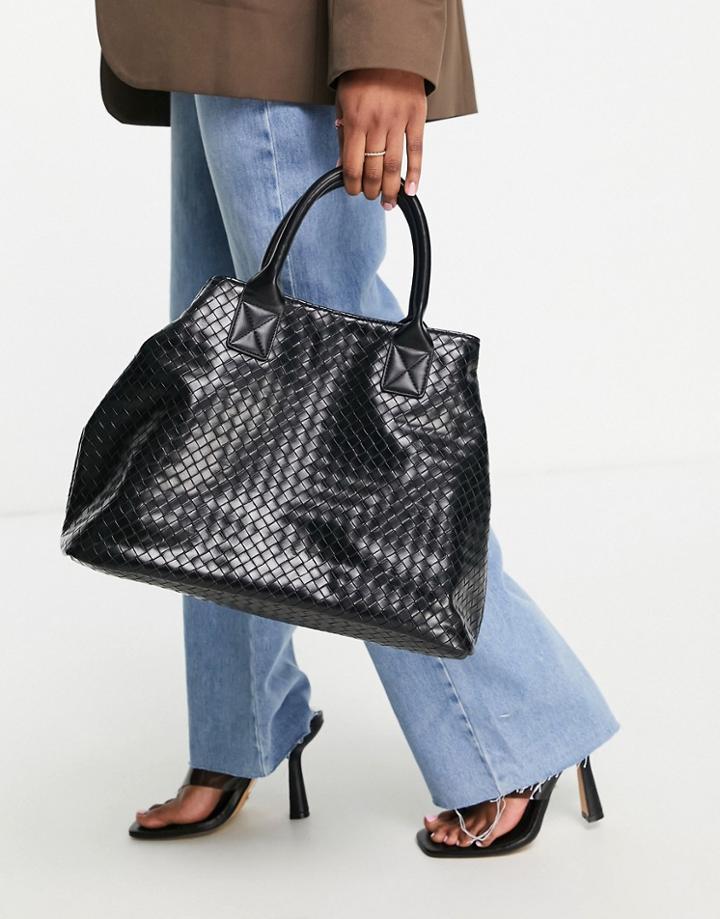 Glamorous Woven Pu Tote Bag In Black