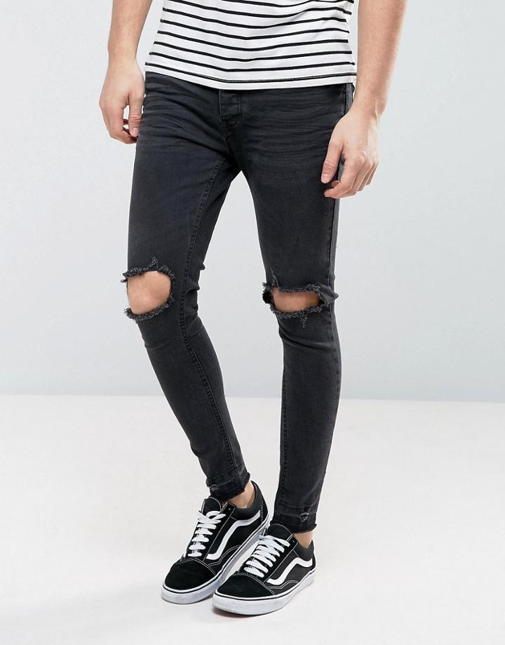 Brave Soul Skinny Knee Ripped Jean With Raw Edge - Black