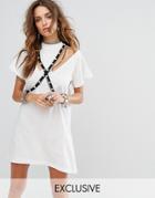 Sacred Hawk Cold Shoulder T-shirt Dress With Pearl Harness - White