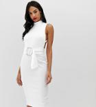 Asos Design Minimal Belted Midi Dress With Ring Detail - White
