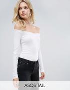 Asos Tall Top With Off Shoulder V Neck In Rib - White
