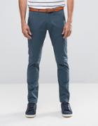 Selected Homme Slim Fit Chino With Stretch And Leather Belt - Blue