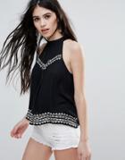 Band Of Gypsies Embroidered Neck Halter Top - Black