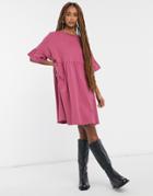 Asos Design Super Oversized Frill Sleeve Smock Dress In Rose-pink