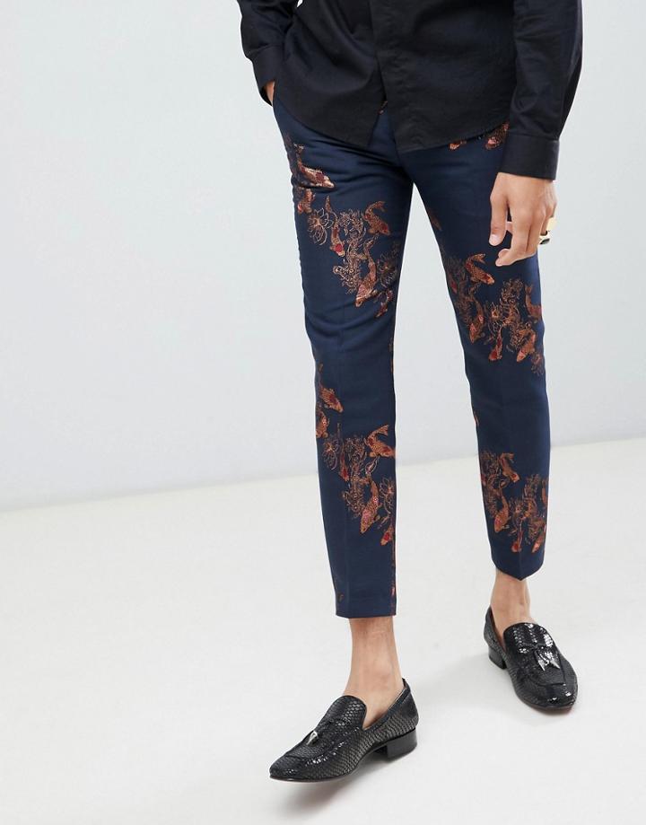 Twisted Tailor Super Skinny Cropped Pants With Carp Print - Navy