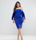Asos Curve Lace Bardot Midi Dress With Extreme Sleeves - Blue