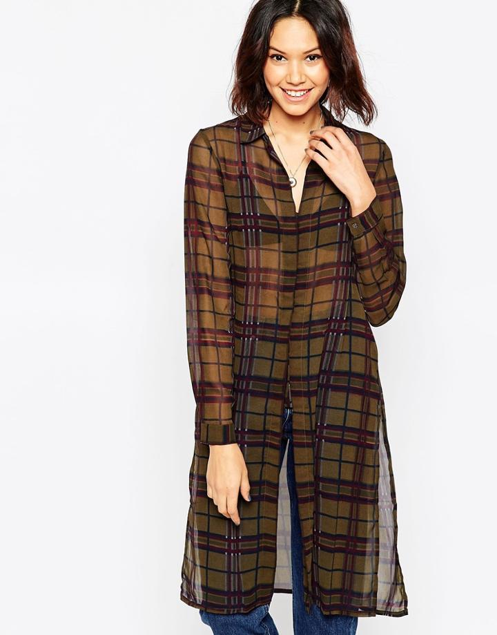 Noisy May Checky Long Sleeve Tunic Shirt - Green