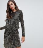 Flounce London Tall Wrap Front Mini Dress With Statement Shoulder In Black With Gold Sequin - Black