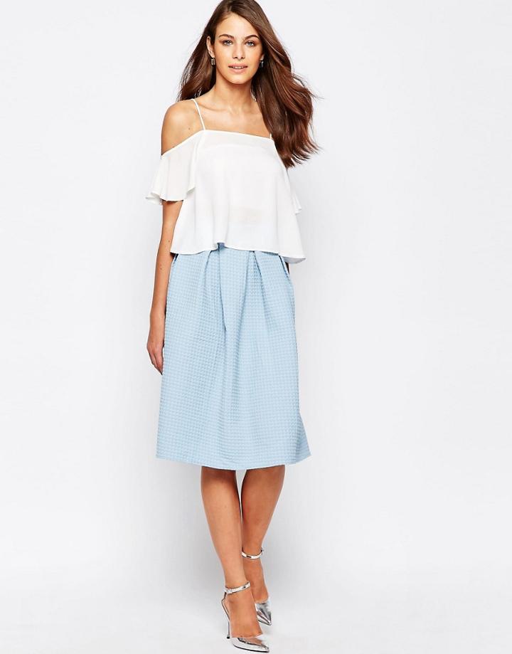 Closet Midi Skater Skirt In Textured Waffle - Pale Blue