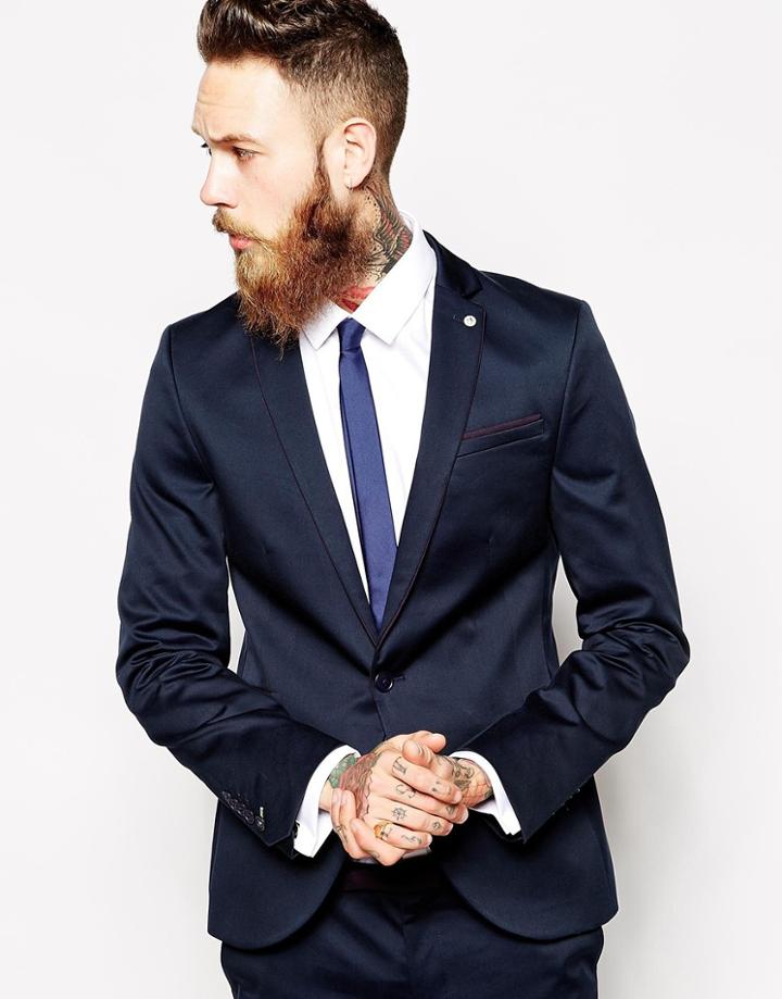Noose & Monkey Skinny Suit Jacket With Piping - Blue