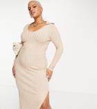 I Saw It First Plus Rib Midi Dress With Side Split In Oatmeal-pink