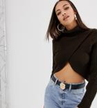 Prettylittlething Cropped Sweater With Wrap Front Detail In Chocolate - Brown