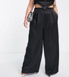 Flounce London Plus Pleated Wide Leg Satin Pants In Black