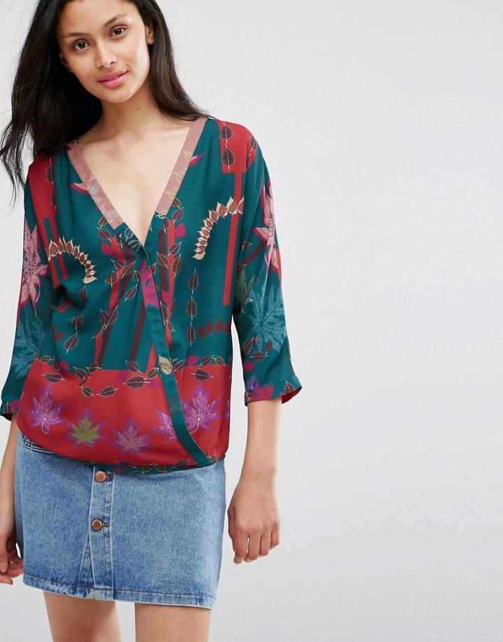 Lavand Floral Print Wrap Effect Blouse - Green
