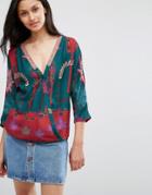 Lavand Floral Print Wrap Effect Blouse - Green