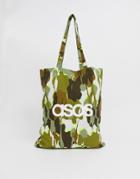 Asos Design Organic Tote Bag In Khaki Camo Print And Asos Logo - Green