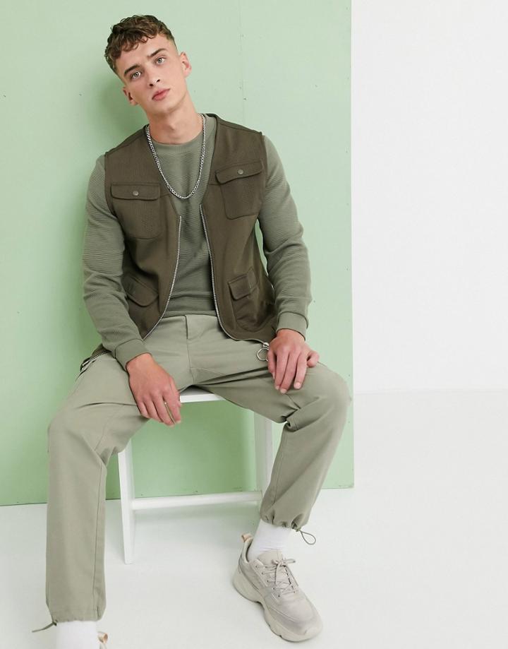 Asos Design Jersey Utility Vest With Pockets In Brown