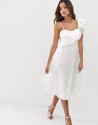 Asos Design One Shoulder Broderie Ruffle Tulle Midi Dress-white