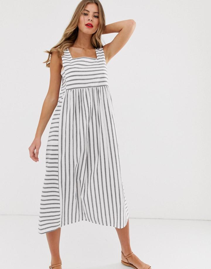 Asos Design Square Neck Textured Midi Smock Sundress In Stripe - Multi