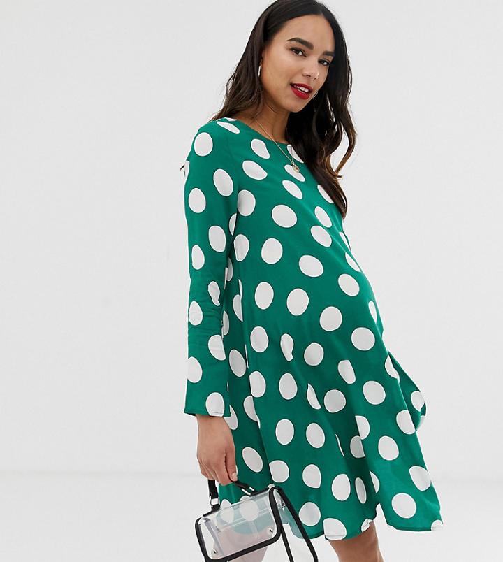 Glamorous Bloom Long Sleeve Shift Dress In Polka Dot-green