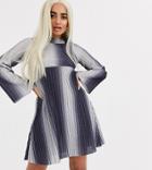 Asos Design Petite Ombre High Neck Mini Smock Dress In Sparkle Rib-blue