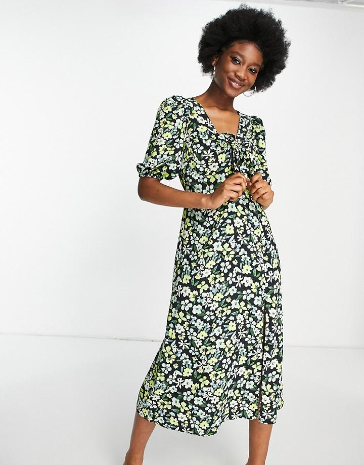 Miss Selfridge Tie Front Midi Dress In Green Floral