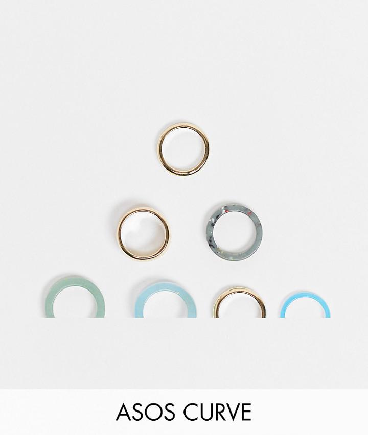 Asos Design Curve Pack Of 7 Rings In Mixed Plastic And Gold Tone-multi