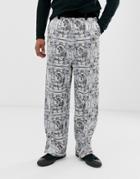 Asos Edition Wide Leg Suit Pants With All Over Monochrome Print And Velvet Detail - Black