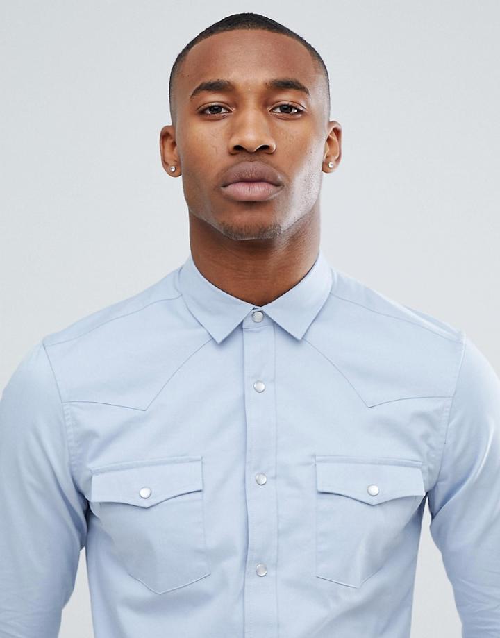Asos Design Slim Fit Western Shirt In Blue - Pink