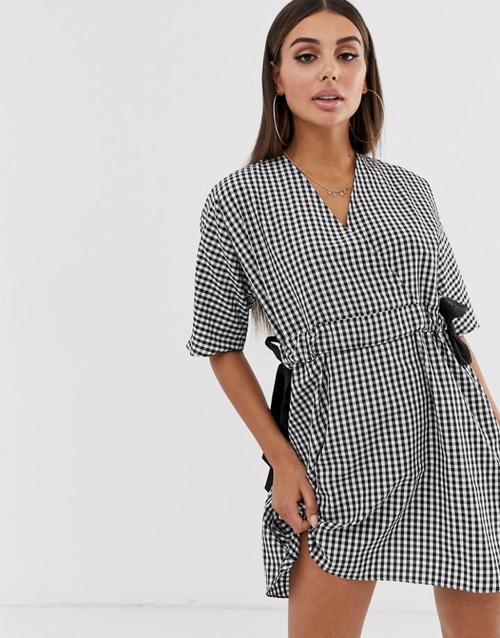 Asos Design V Front V Back Ruched Waist Mini Smock Dress In Gingham - Multi