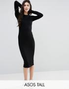 Asos Tall Midi Bodycon Dress In Rib With Long Sleeves - Black