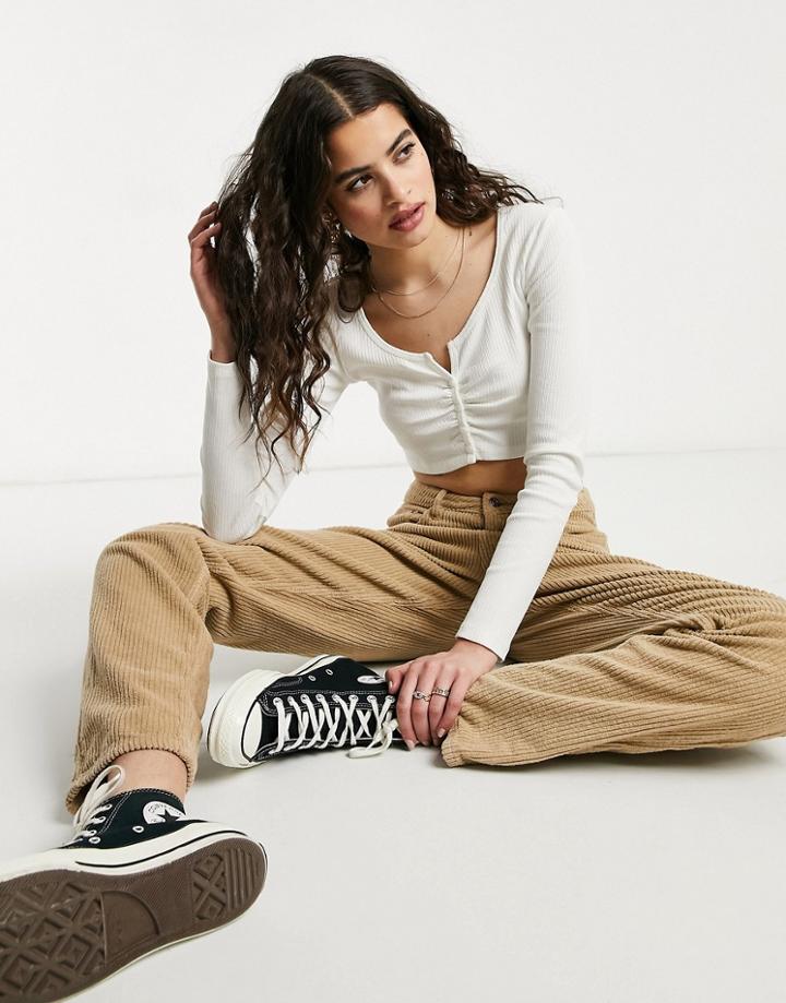 Bershka Button Down Ruched Crop Top In White