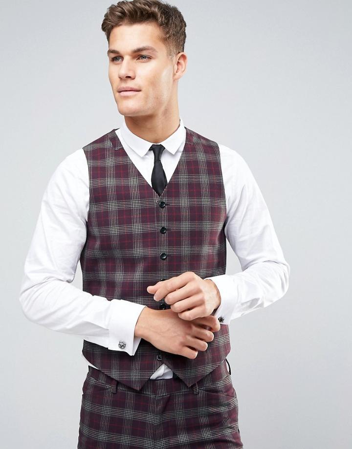 Asos Wedding Skinny Vest In Check - Red