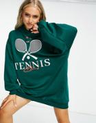 Asos Design Mini Hoodie Sweatshirt Dress With White Tennis Logo In Forest Green