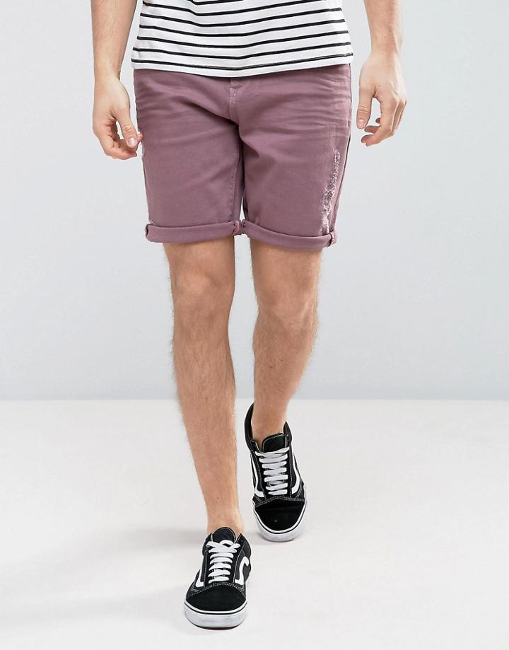 Asos Denim Shorts In Stretch Slim Dusty Purple With Abrasions - Purple